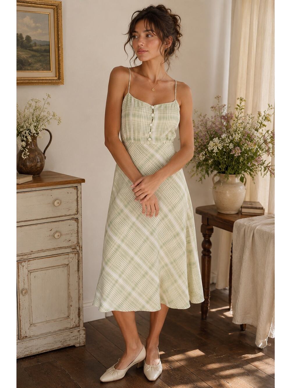 Lulus Plaid Cottagecore Midi Dress Empire Waist Milkmaid Smocked Back XL Green